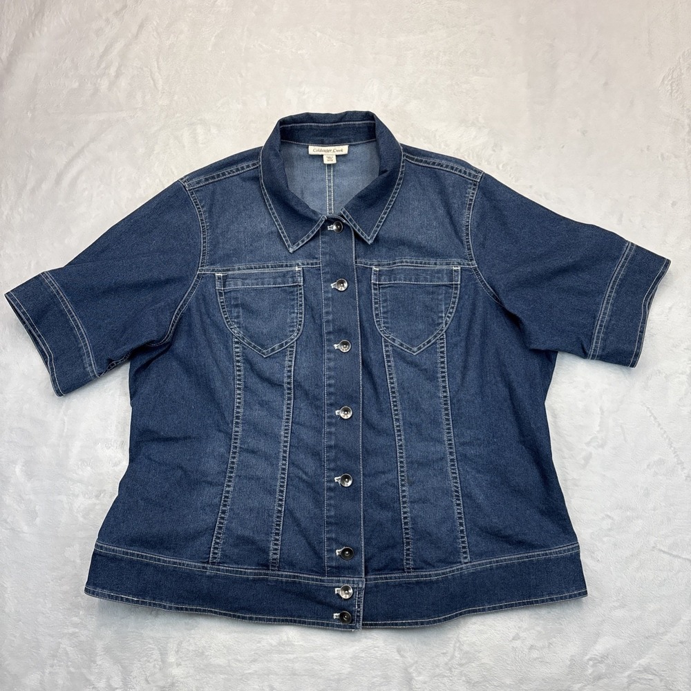 Coldwater Creek Denim Jacket Women W18 Plus Short Sleeve Button Blue